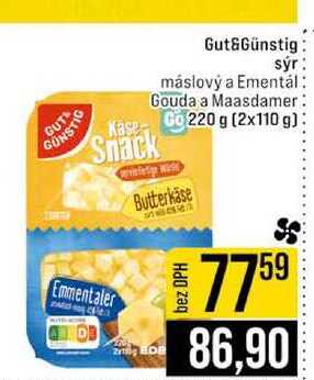 Gut&Günstig sýr máslový a Ementál Gouda a Maasdamer Go 220 g (2x110 g) 