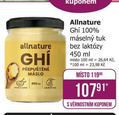 Allnature Ghí 100% máselný tuk bez laktózy 450 ml 