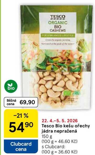 Tesco Bio kešu ořechy jádra nepražená, 150 g 