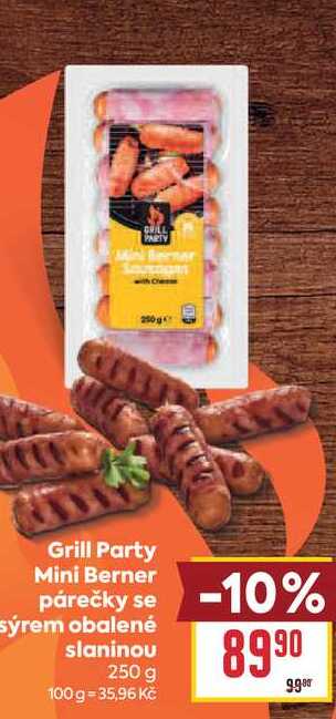 Grill Party Mini Berner párečky se sýrem obalené slaninou 250 g 