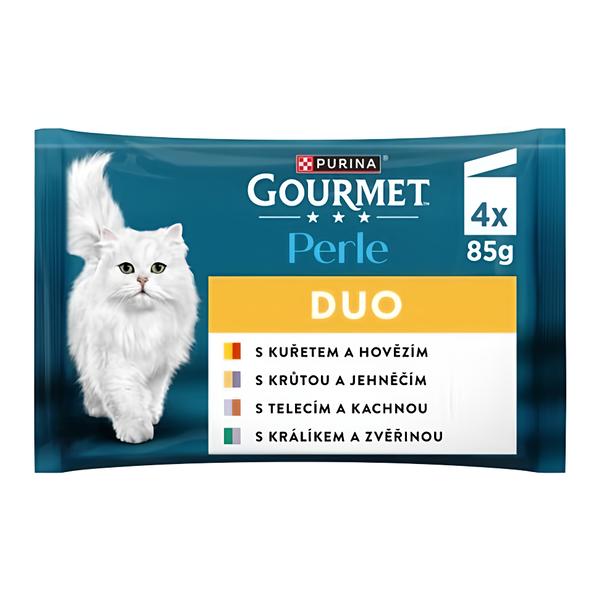 Gourmet Perle DUO kapsičky pro kočky kuře a hovězí, krůta a jehněčí, telecí a kachna, králík a zvěřina 4x85g