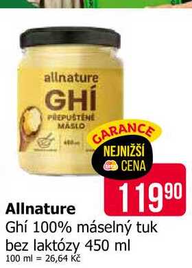 Allnature Ghí 100% máselný tuk bez laktózy 450 ml 