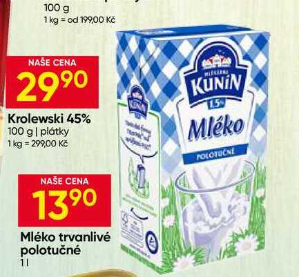 Kunín Mléko trvanlivé polotučné 1l