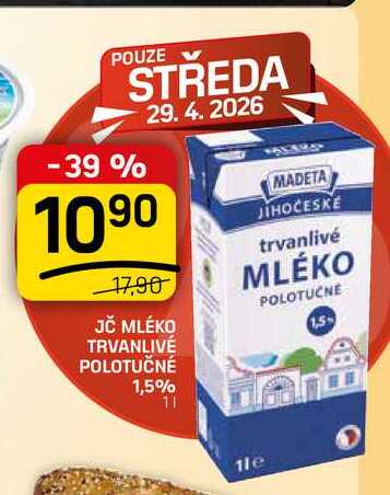 JČ MLÉKO TRVANLIVÉ POLOTUČNÉ 1,5% 1l