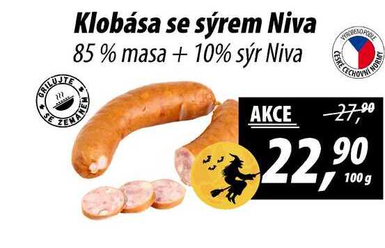 Klobása se sýrem Niva, 85% masa + 10% sýr, 100 g