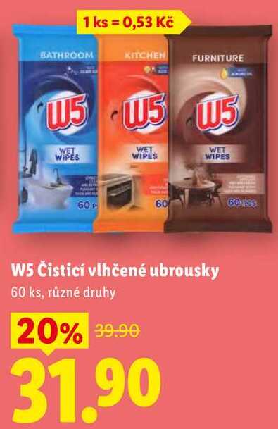 W5 Čisticí vlhčené ubrousky 60 ks, různé druhy 20% 39.90 31.90 