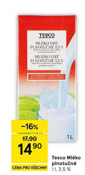 Tesco Mléko plnotučné, 1 l 