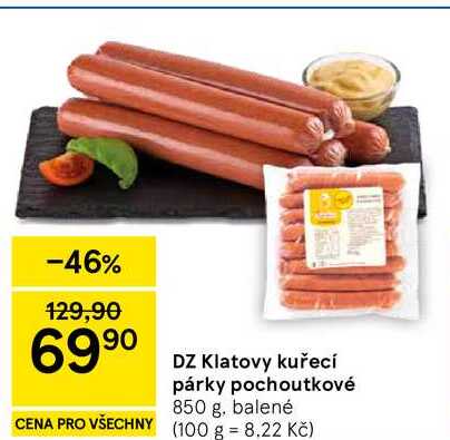 DZ Klatovy kuřecí párky pochoutkové, 850 g, balené 