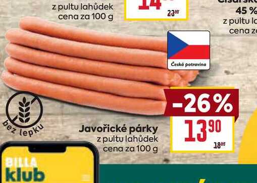 Javořické párky z pultu lahůdek cena za 100 g  
