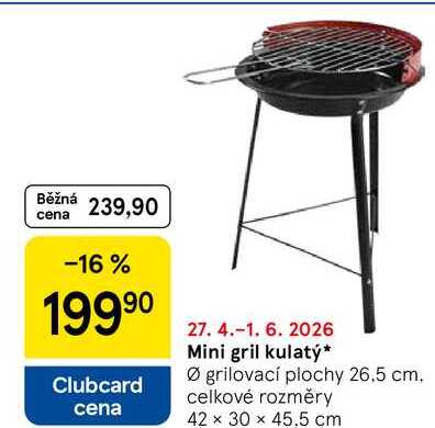 Mini gril kulatý, grilovací plochy 26,5 cm. celkové rozměry 42 x 30 x 45.5 cm 