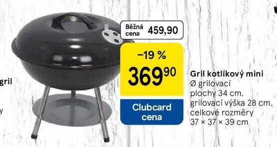 Gril kotlíkový mini, Ø grilovací plochy 34 cm. grilovací výška 28 cm. celkové rozměry 37 x 37 x 39 cm 