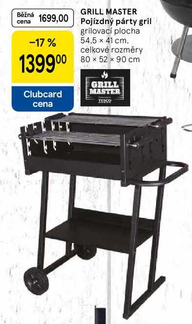 GRILL MASTER Pojízdný párty gril, grilovací plocha 54.5 x 41 cm. celkové rozměry 80 × 52 × 90 cm  
