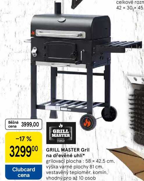 GRILL MASTER Gril na dřevěné uhlí, grilovací plocha: 58 x 42,5 cm. výška varné plochy 81 cm. vestavěný teploměr, komín, vhodný pro až 10 osob 