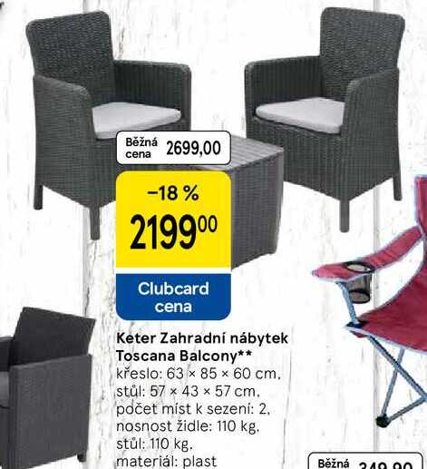 Keter Zahradní nábytek Toscana Balcony, křeslo: 63 x 85 x 60 cm. stůl: 57 x 43 x 57 cm. počet míst k sezení: 2. nosnost židle: 110 kg. stůl: 110 kg. materiál: plast 