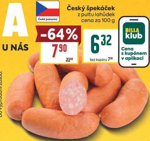 Český špekáček z pultu lahůdek cena za 100 g 