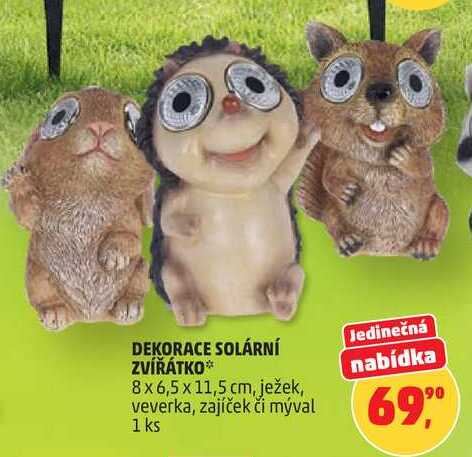 DEKORACE SOLÁRNÍ ZVÍŘÁTKO 8 x 6,5 x 11,5 cm, ježek, veverka, zajíček či mýval, 1 ks 