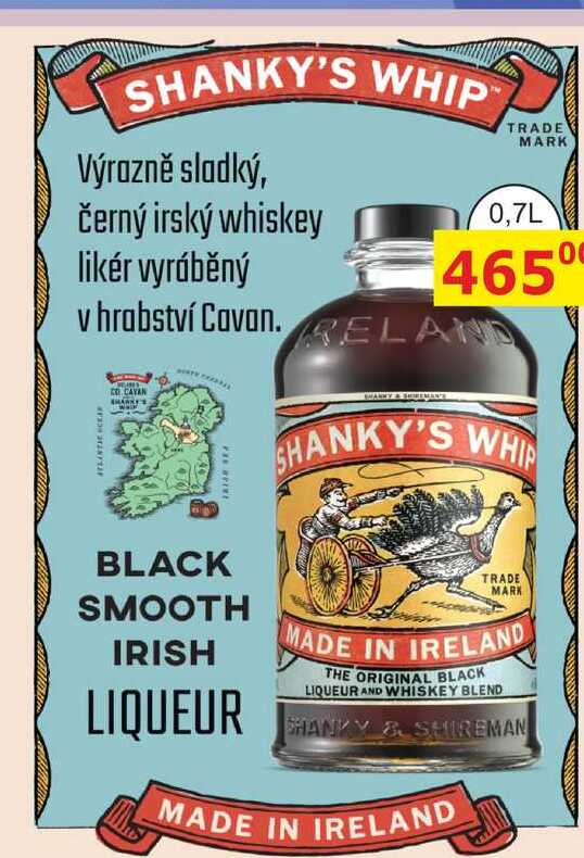 SHANKY'S WHIP Výrazně sladký, černý irský whiskey likér 0,7L 