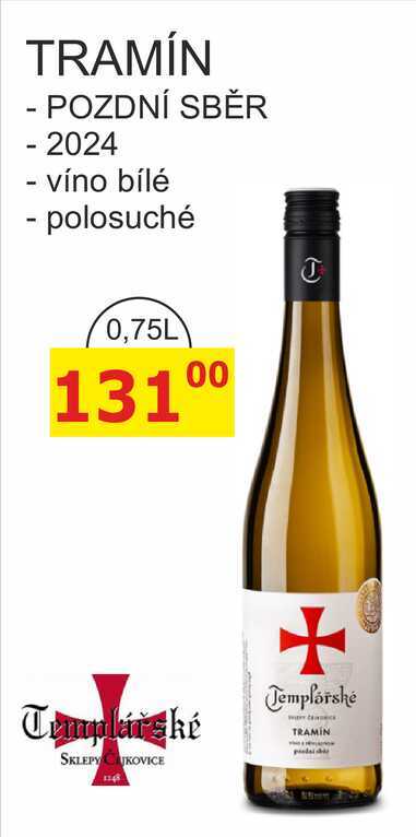 TEMPLÁŘSKÉ SKLEPY ČEJKOVICE 0,75L -TRAMÍN POZDNÍ SBĚR 2024 - víno bílé - polosuché 