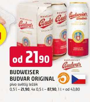 BUDWEISER BUDVAR ORIGINAL pivo světlý ležák 4x 0,5l