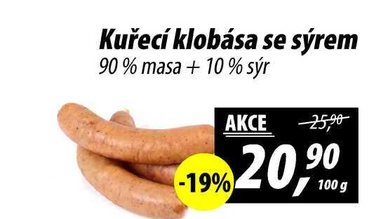 Kuřecí klobása se sýrem 90% masa+10% sýr, 100 g