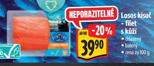 Losos kisuč -filet s kůží, cena za 100 g 