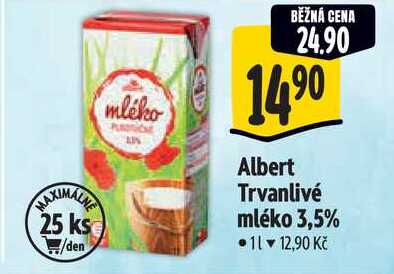 Albert Trvanlivé mléko 3,5%, 1 l v akci