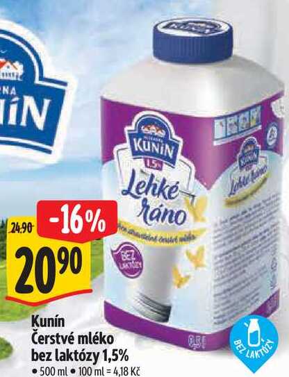 Kunín Čerstvé mléko bez laktózy 1,5%, 500 ml 