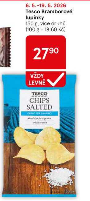 Tesco Bramborové lupínky, 150 g, více druhů 