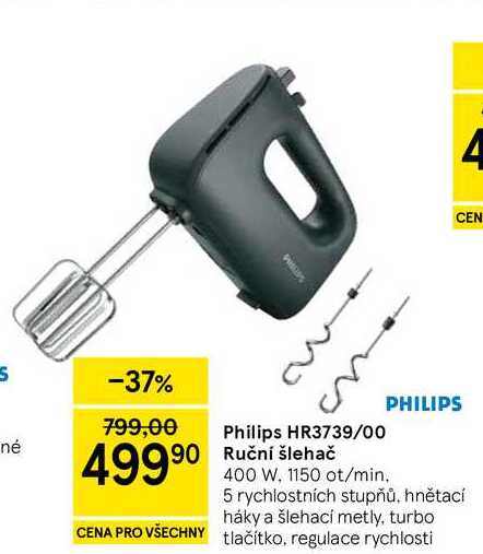 Philips HR3739/00 Ruční šlehač, 400 W, 1150 ot/min. 5 rychlostních stupňů. hnětací háky a šlehací metly, turbo tlačítko, regulace rychlosti 