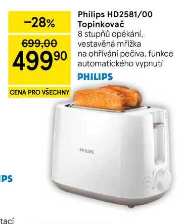 Philips HD2581/00 Topinkovač, 8 stupňů opékání. vestavěná mřížka na ohřívání pečiva, funkce automatického vypnutí  