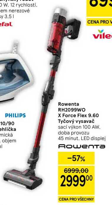 Rowenta RH2099WO X Force Flex 9.60 Tyčový vysavač, sací výkon 100 AW. doba provozu 45 minut, LED displej  
