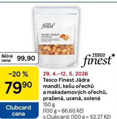 Tesco Finest Jádra mandlí, kešu ořechů a makadamových ořechů, pražená, uzená, solená, 150 g 