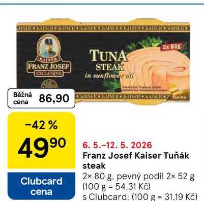 Franz Josef Kaiser Tuňák steak, 2x 80 g. pevný podíl 2× 52 g 