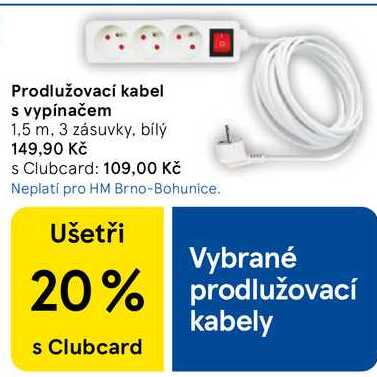 Prodlužovací kabel s vypínačem, 1,5 m, 3 zásuvky, bílý  