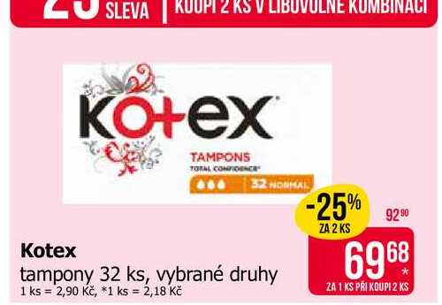 Kotex tampony 32 ks, vybrané druhy 
