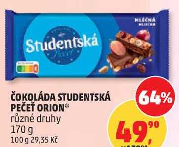 ČOKOLÁDA STUDENTSKÁ PEČEŤ ORION různé druhy, 170 g 