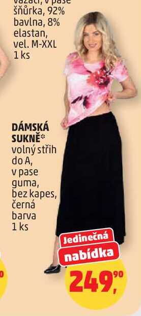 DÁMSKÁ SUKNĚ volný střih do A, v pase guma, bez kapes, černá barva, 1 ks 