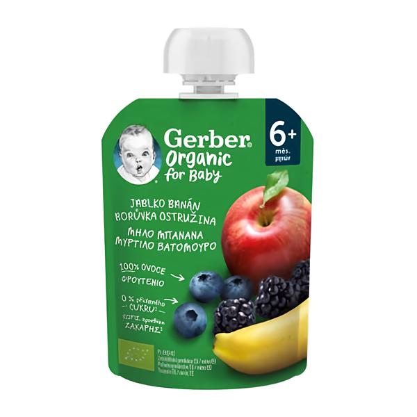 Gerber Organic kapsička jablko, banán, borůvka a ostružina