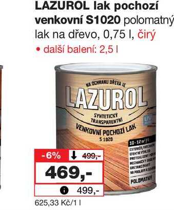 LAZUROL lak pochozí venkovní S1020 polomatný lak na dřevo, 0,75l 