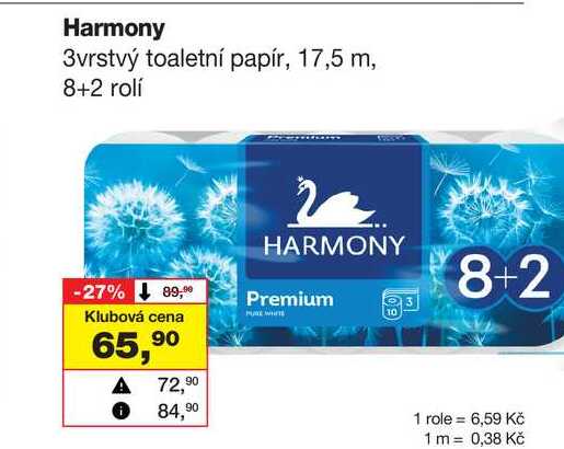 Harmony 3vrstvý toaletní papír, 17,5 m, 8+2 rolí