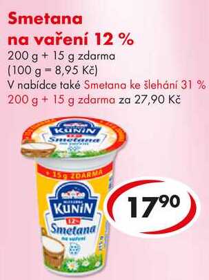 Smetana na vaření 12 %, 200 g + 15 g zdarma 