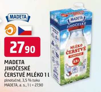 MADETA JIHOČESKÉ ČERSTVÉ MLÉKO 1l plnotučné, 3,5 % tuku