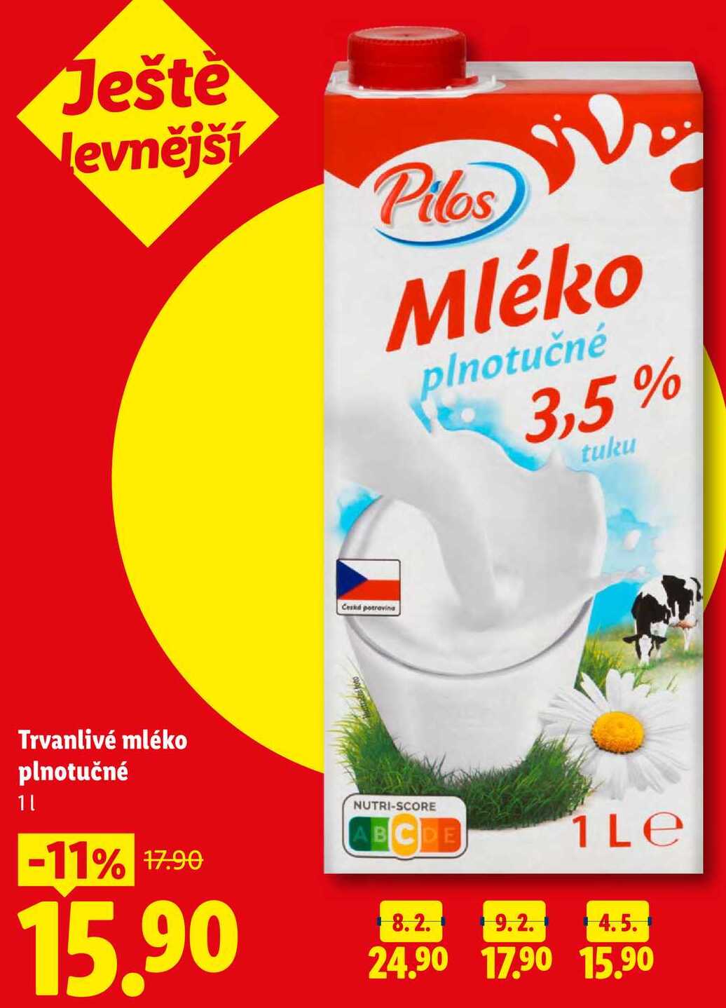 Trvanlivé mléko plnotučné, 1 l