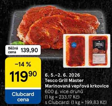 Tesco Grill Master Marinovaná vepřová krkovice, 600 g, více druhů 