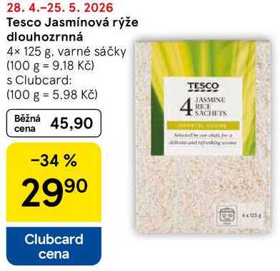 Tesco Jasmínová rýže dlouhozrnná, 4x 125 g, varné sáčky 