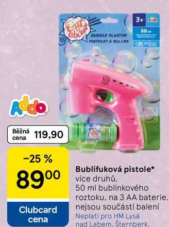 Bublifuková pistole, více druhů. 50 ml bublinkového roztoku, na 3 AA baterie. nejsou součástí balení 