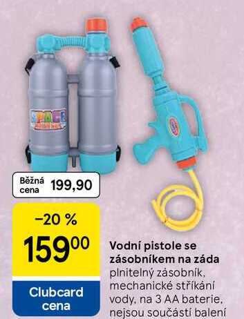 Vodní pistole se zásobníkem na záda, plnitelný zásobník, mechanické stříkání vody, na 3 AA baterie. nejsou součástí balení 