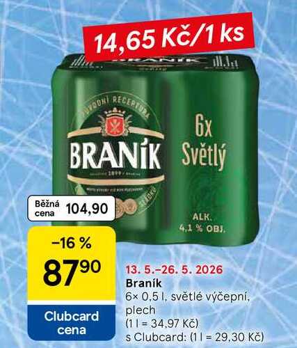Braník, 6x 0.5 l, světlé výčepní, plech 