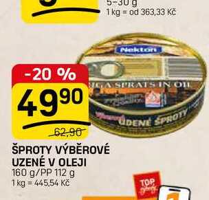 ŠPROTY VÝBĚROVÉ UZENÉ V OLEJI 160 g/PP 112 g 