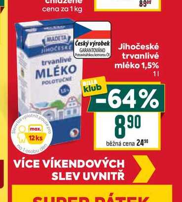 Jihočeské trvanlivé mléko 1,5% 1l